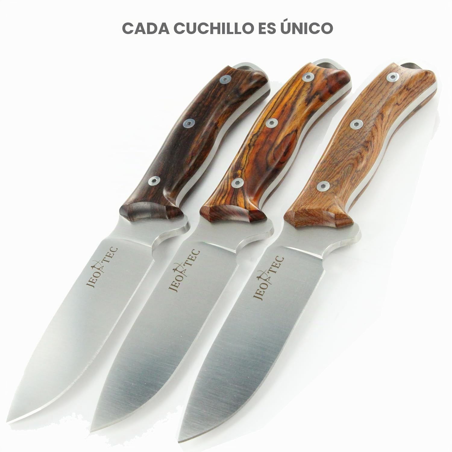 JEO-TEC Nº7 Cuchillo supervivencia caza monte bushcraft camping outdoor campo - Funda de piel con pedernal y piedra afilar incluidos - Acero BÖHLER N690C - Fabricado en España