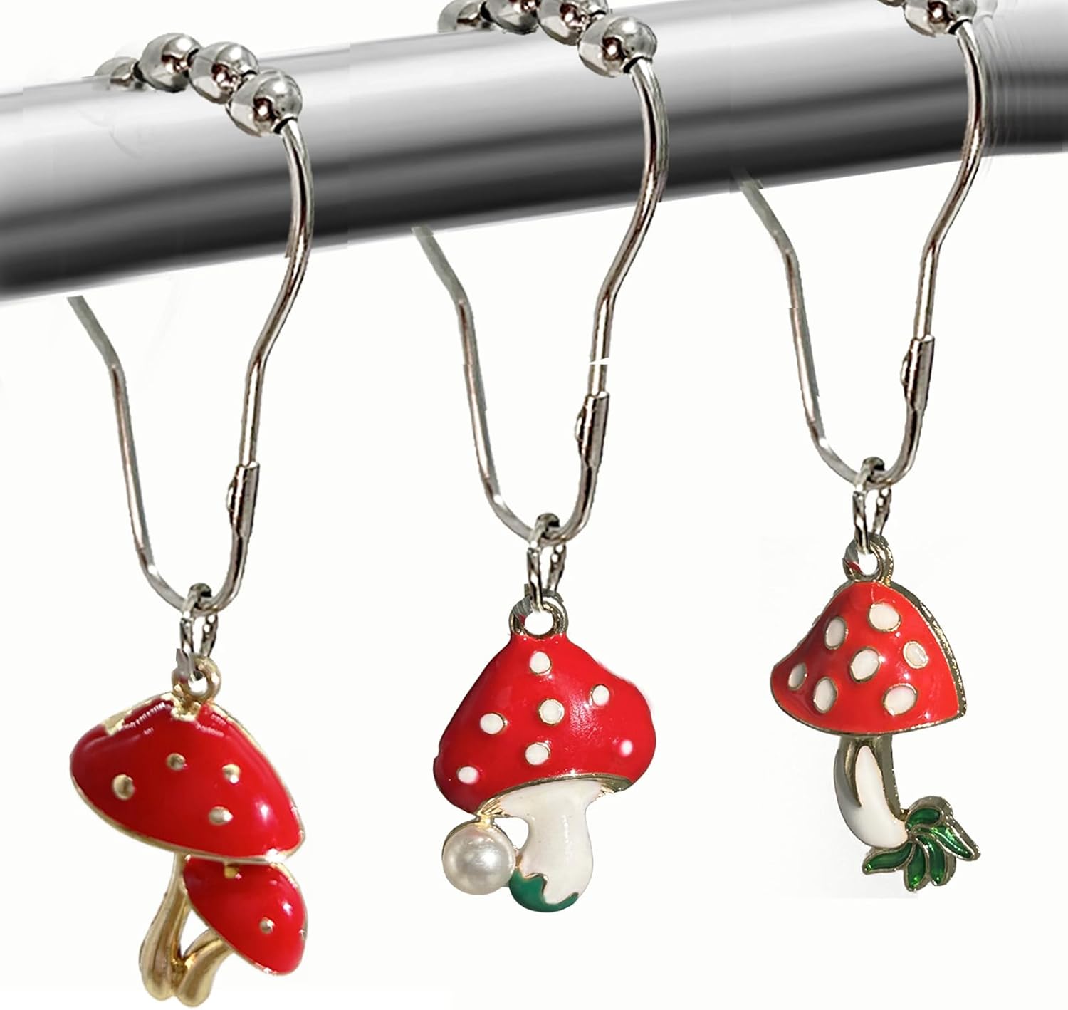 Mushroom Shower Curtain Hooks, Cottagecore Shower Curtain