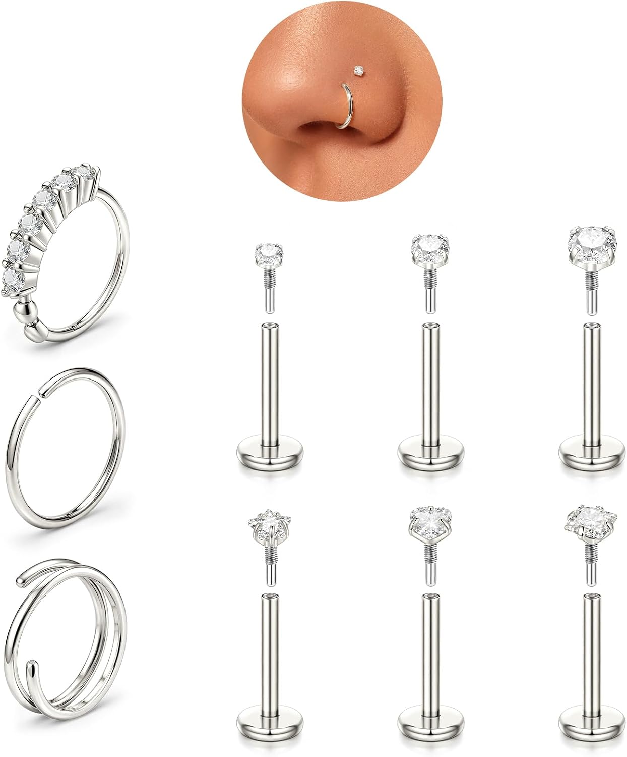 Nose Rings Studs for Women Men, 20G 18G 14K Gold Silver Hypoallergenic Surgical Stainless Steel Nose Rings CZ Heart Star Internally Threaded Nose Stud Flat Back Earrings Tragus Helix Piercing Jewelry