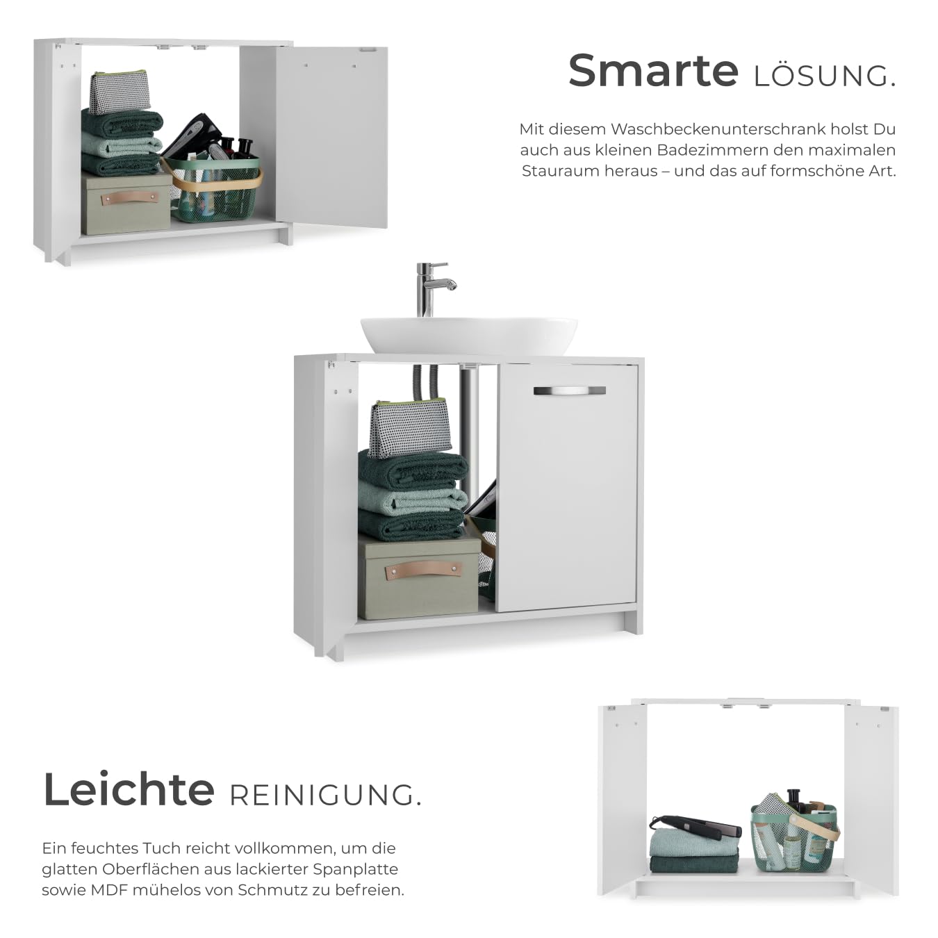 tectake® Waschbeckenunterschrank, Waschtisch Unterschrank, Badschrank für unter Waschbecken, Spüle, Schrank Möbel Badunterschrank, Waschtischunterschrank für Badezimmer & WC, Badmöbel - weiß