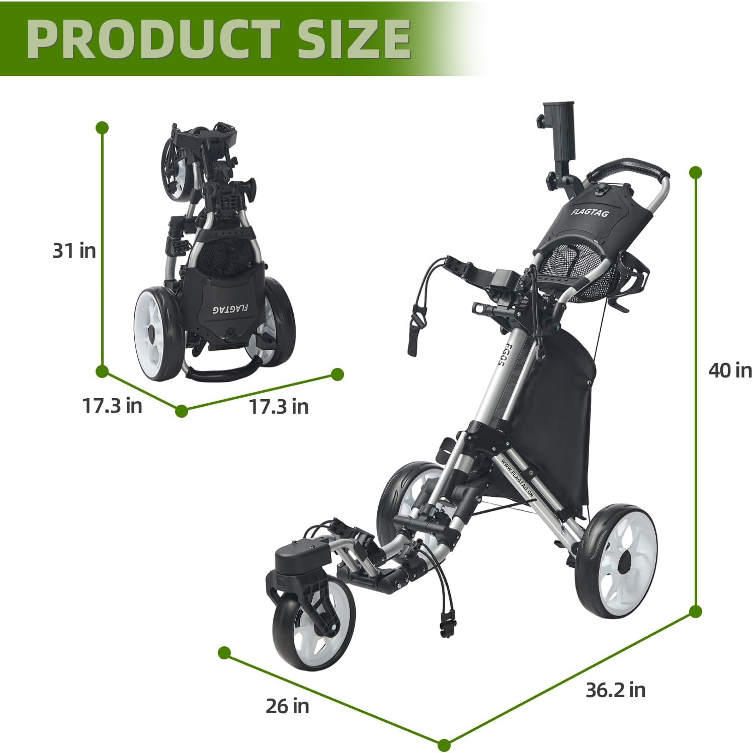FLAGTAG Golf Push Cart 3 Wheel with 360 Swivel Front Wheel,Lightweight and Foldable Walking Golf Cart，One-Click Foldable,with Foot Brake