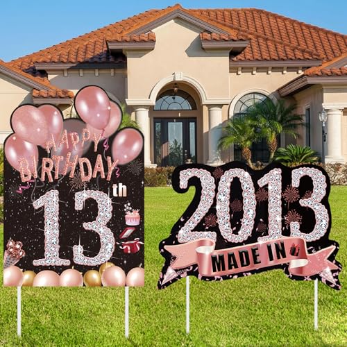 2 cartelli decorativi per 13° compleanno, per ragazze, oro rosa, 13° compleanno, realizzati nel 2011, decorazioni per feste con paletti, resistenti alle intemperie, decorazioni per il 13° compleanno
