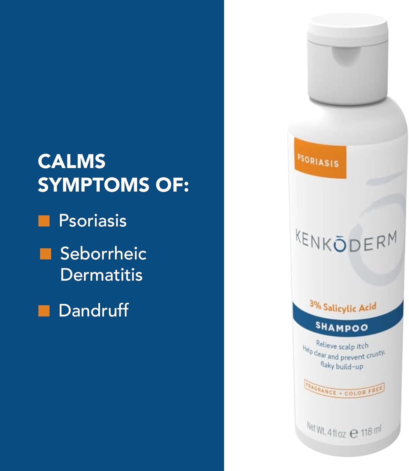 Kenkoderm Psoriasis Shampoo - 3 Percent Salicylic Acid Formula, Anti-Dandruff Cleanser for Itchy or Dry Hair & Scalp, Color & Fragrance Free, 4 Fluid Ounce, Pack of 4