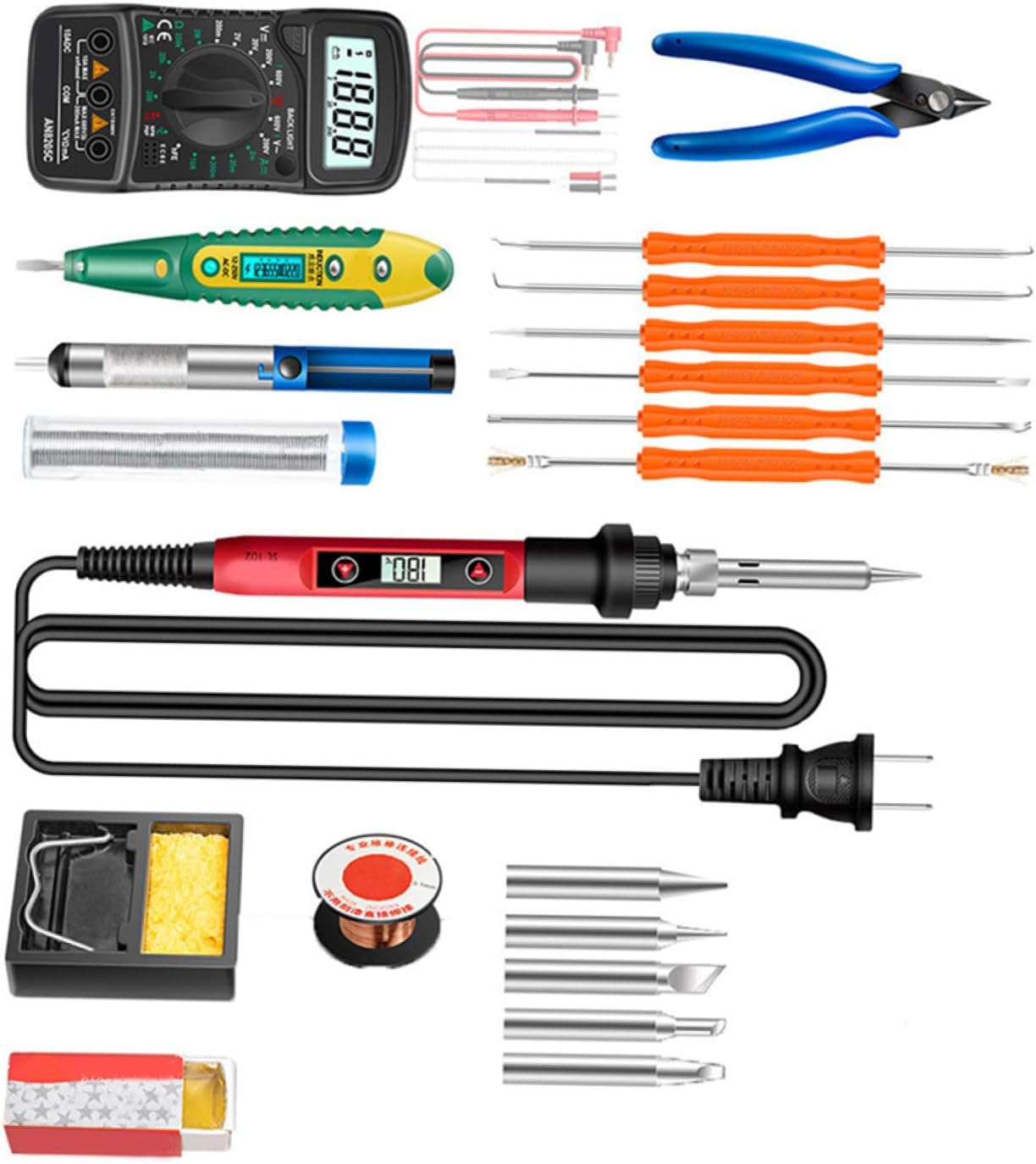 25-Piece Adjustable Temperature Electric Soldering Iron Kit Multimeter Digital Display 5 Soldering Tips 6 1.2m Cable Canvas Storage Bag