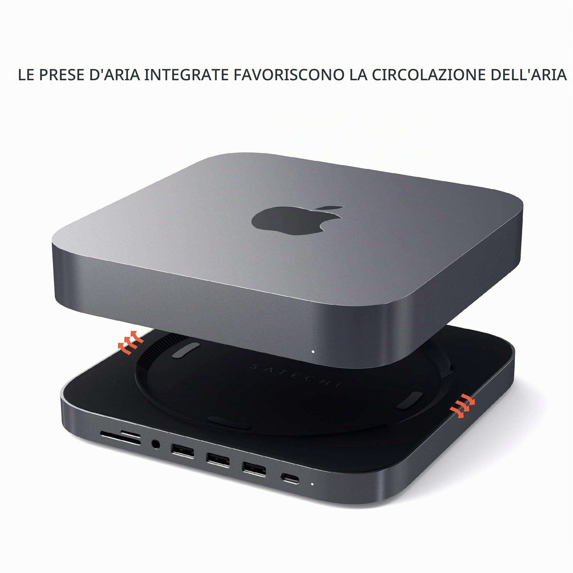 SATECHI Hub USB C e Supporto 7 in 1 per Mac Mini M2/M1 con 3x Porte USB-A e 1x USB-C a 5 Gbps, Lettori Micro/SD, USB 3.0 e Porta Audio 3,5 mm (Non Compatibile con Mac Mini M4) Grigio Siderale