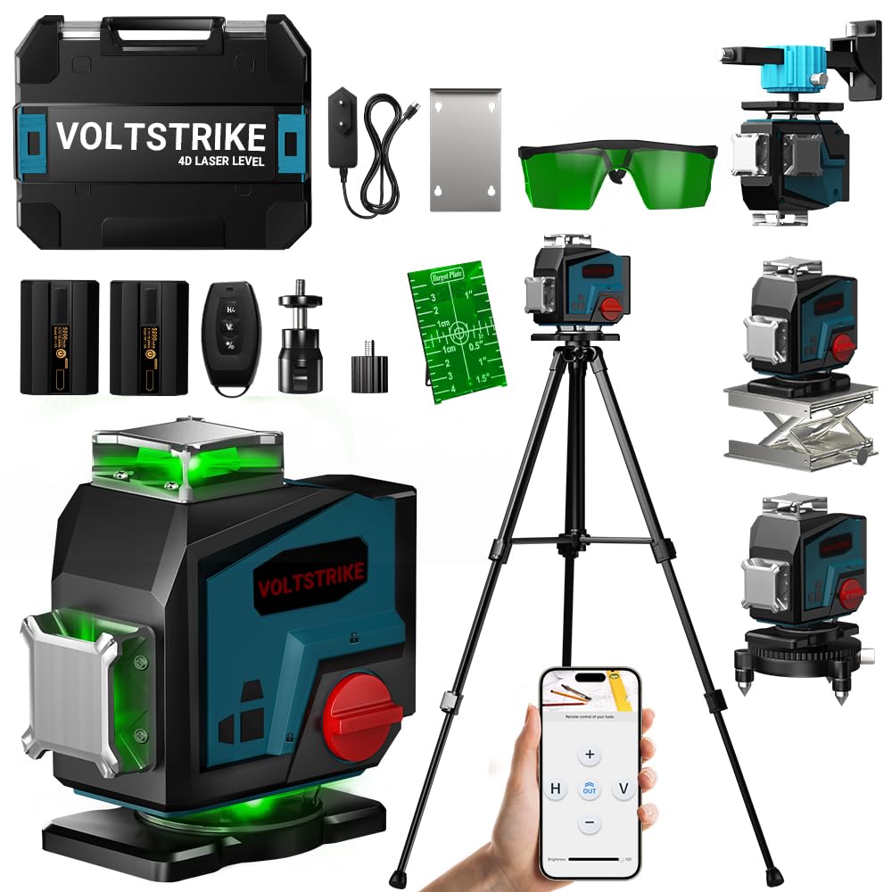Niveau Laser Autonivelant 360° x 4, Laser Chantier Avec trépied, 4D 16 Lignes Lazer Niveaux Vert, 2 Batteries Lithium 5200mAh et Télécommande, Pour Décoration de Maison, Construction de Bâtiments