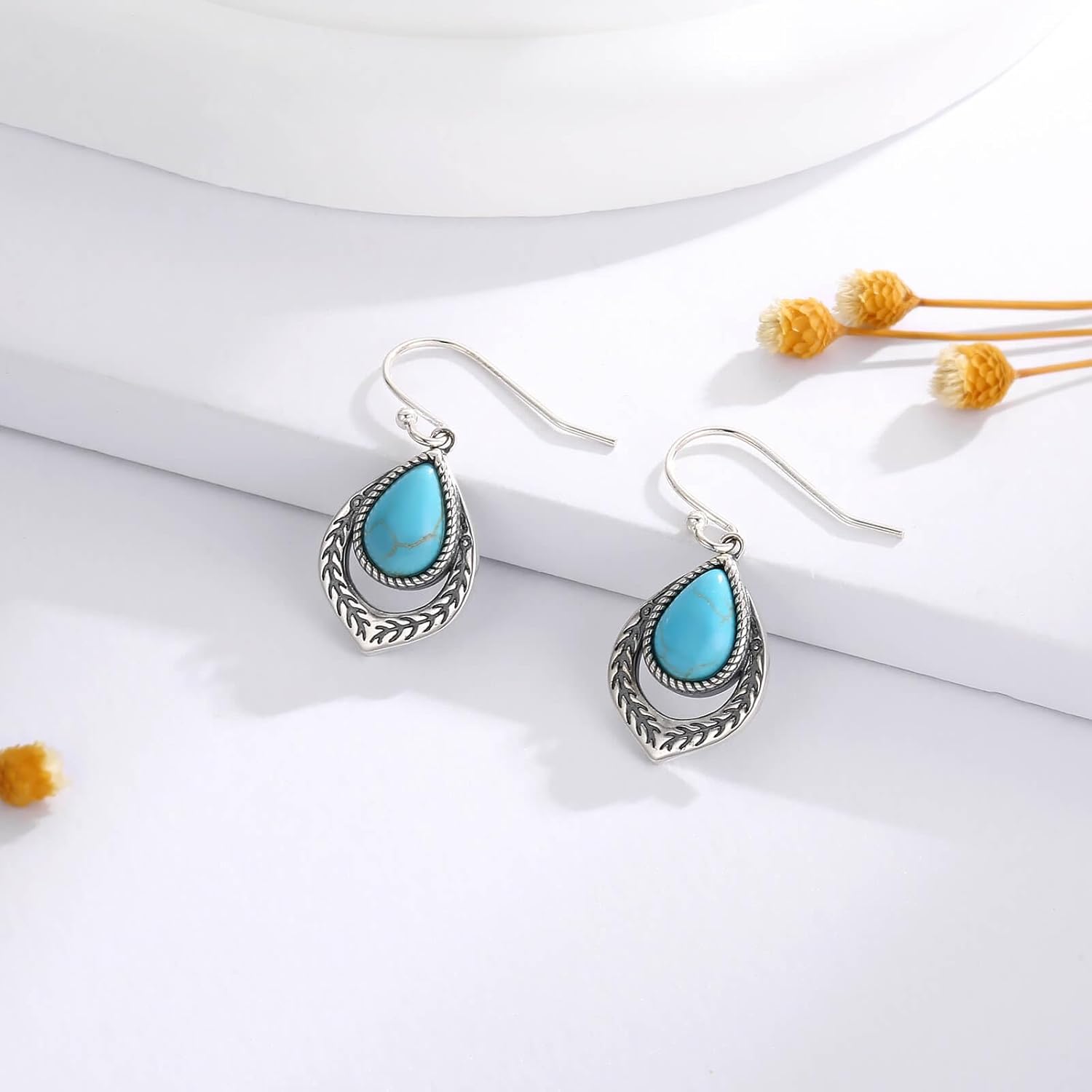 Sterling Silver Turquoise Earrings for Women: Teardrop Turquoise Dangle Earrings Vintage Style Western Jewelry Gift for Cowgirls