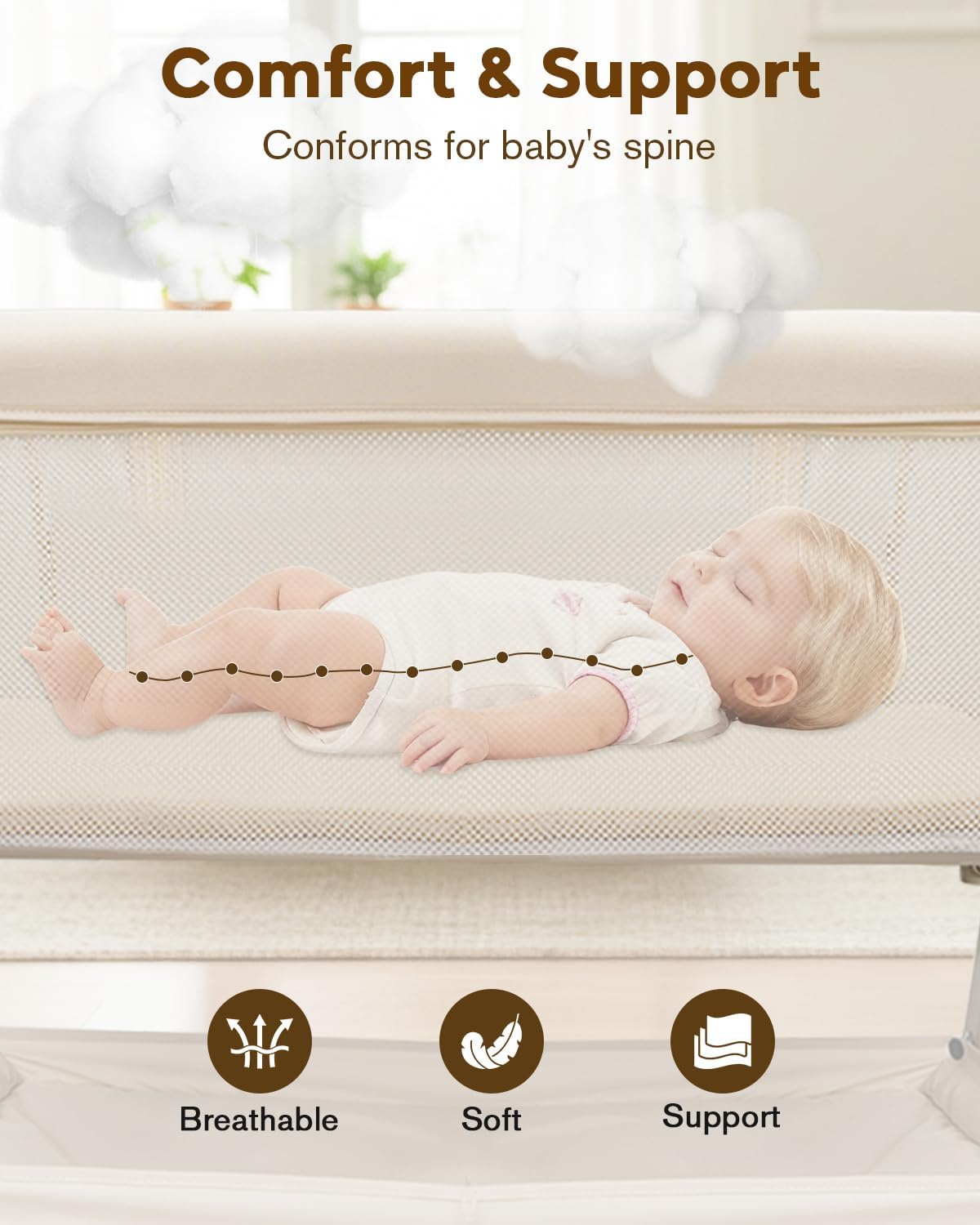 Baby Bassinet, Bedside Bassinet for Baby, Bassinet Bedside Sleeper with Mattress, Storage Basket and 4 Auto-Lock Wheels, Full-Mesh Sides, Bedside Mini Crib for Newborn (Beige) - Image 6