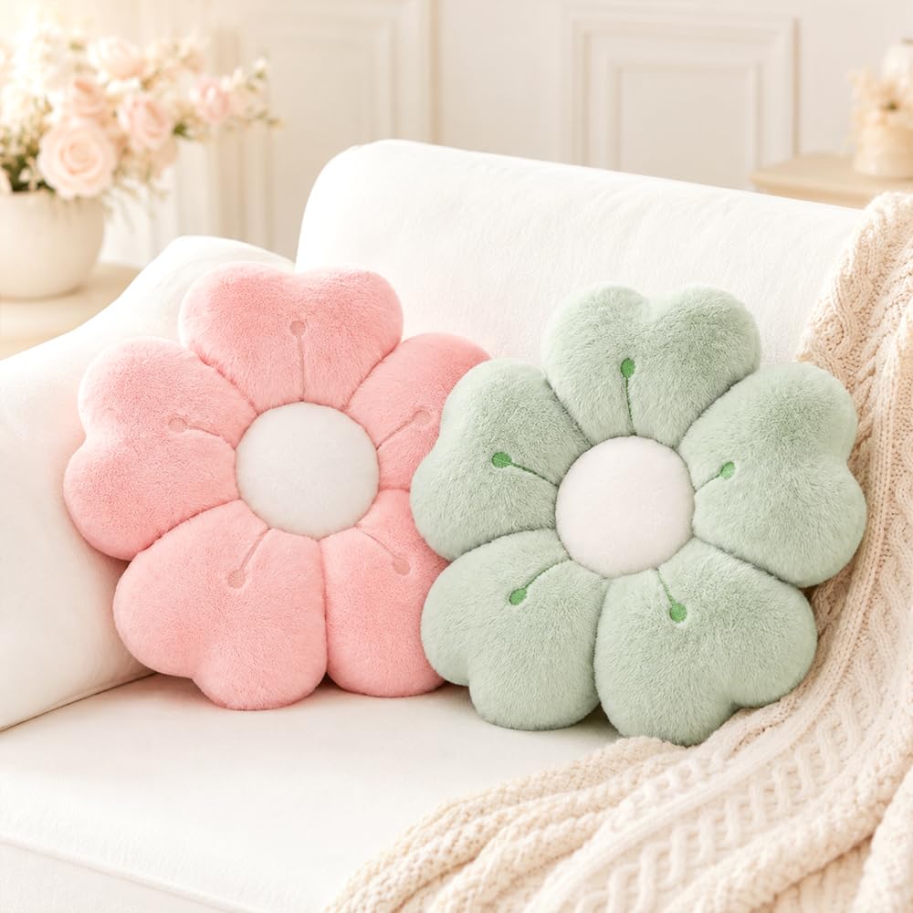 Wxeadu 2Pcs Flower Pillow, 35cm Flower Cushion, Pink + Green Aesthetic Daisy Pillow, Soft and Fluffy Flowe R-Shaped Floor Cushion, Cute Room Decor for Bedroom, Sofa, Couch