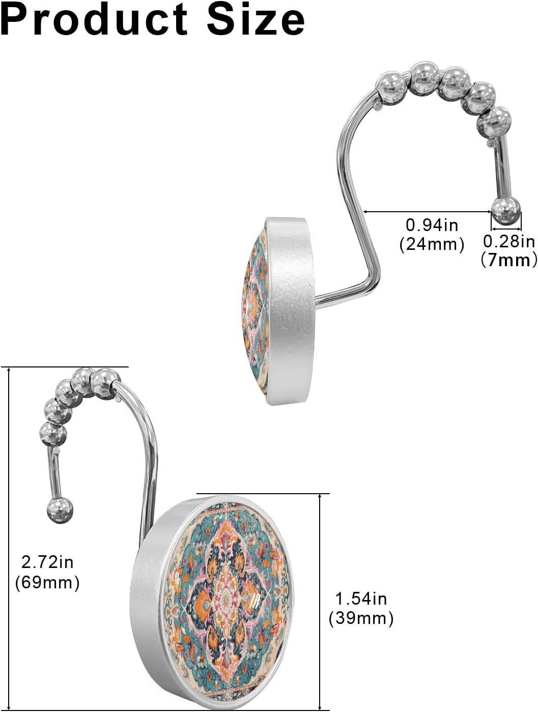 Medieval Shower Curtain Hooks, Turkish Patterns Vintage Wallpaper Mural 12PCS Shower Curtain Hooks Rings for Bathroom Stainless Steel Rust Resistant Shower Curtain Hangers