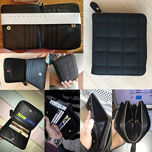 Aeeque® Women Short Grid Style Wallet, Premium PU Leather Coin Card Holder Case Small Zipper Purse - Black