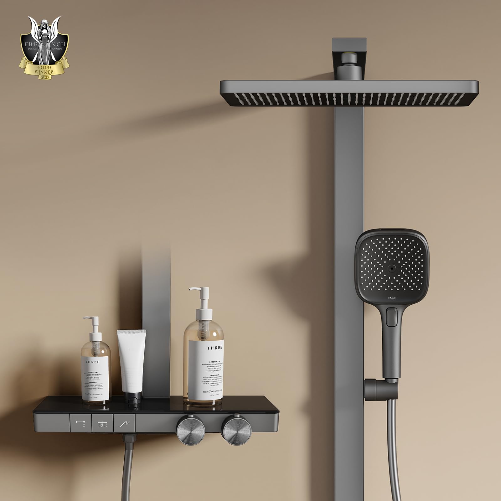 Colonne de douche avec douchette 4 jets EMKE et grand receveur de douche pluie