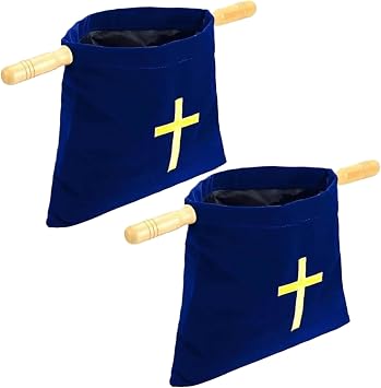Offering Baskets for Church,2Pcs Embroidered Cross Bible Bags with Wood Handles,Flannel Church Bags for Churches Communion Supplies/Blue