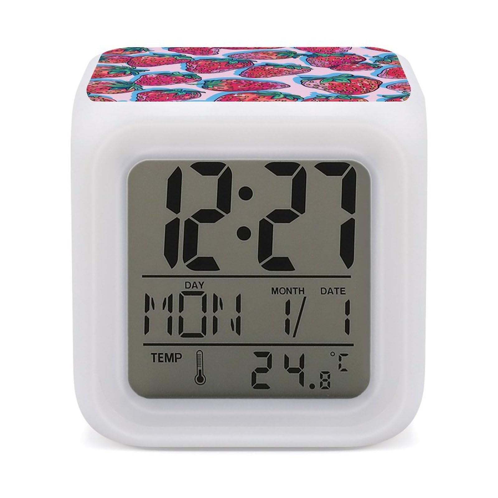 JTREHY 7 Color Changing LED Digital Alarm Clock,Strawberry Pattern Style Printed Wake-up Clock with Temperature Display Home Decoration Alarm Clock for Bedroom Office