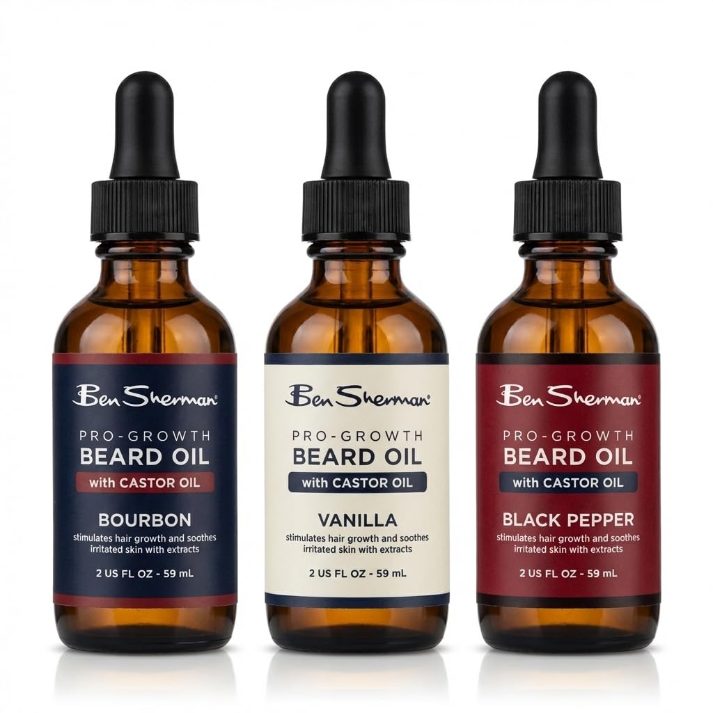 Ben Sherman Beard Oil for Men 3 Pack – Castor Oil Beard Care Set for Growth – Bourbon, Vanilla & Black Pepper – Mens Beard & Mustache Conditioning Treatment