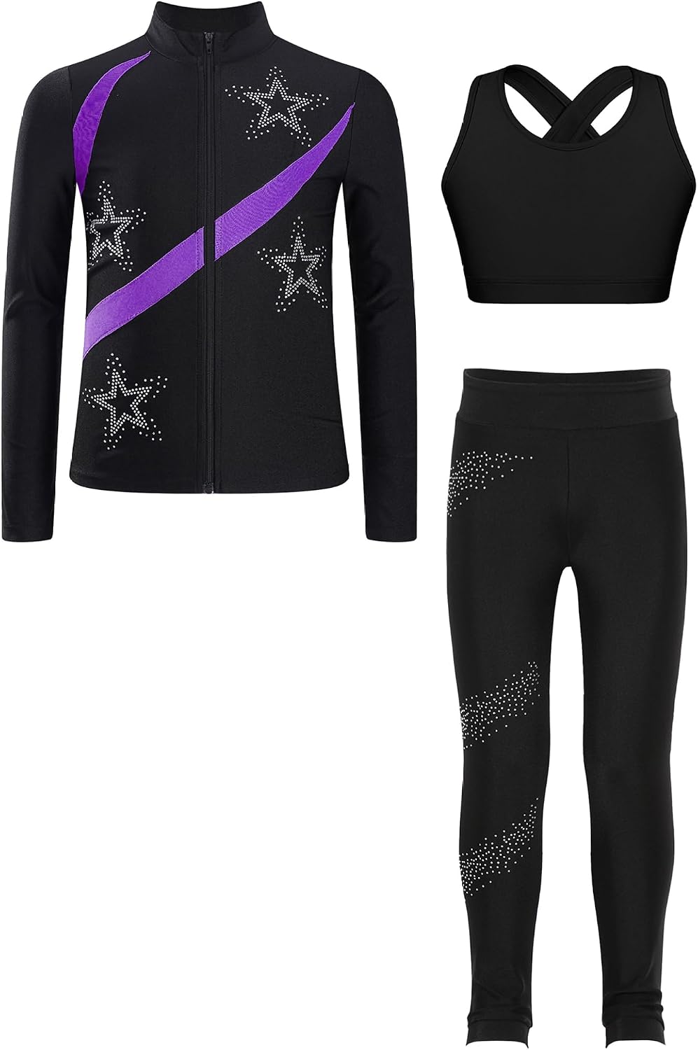 Kids Girls Ice Skating Rhinestone Outfit Gym Training Suit Figure Skating Jacket Crop Top with Leggings Set
