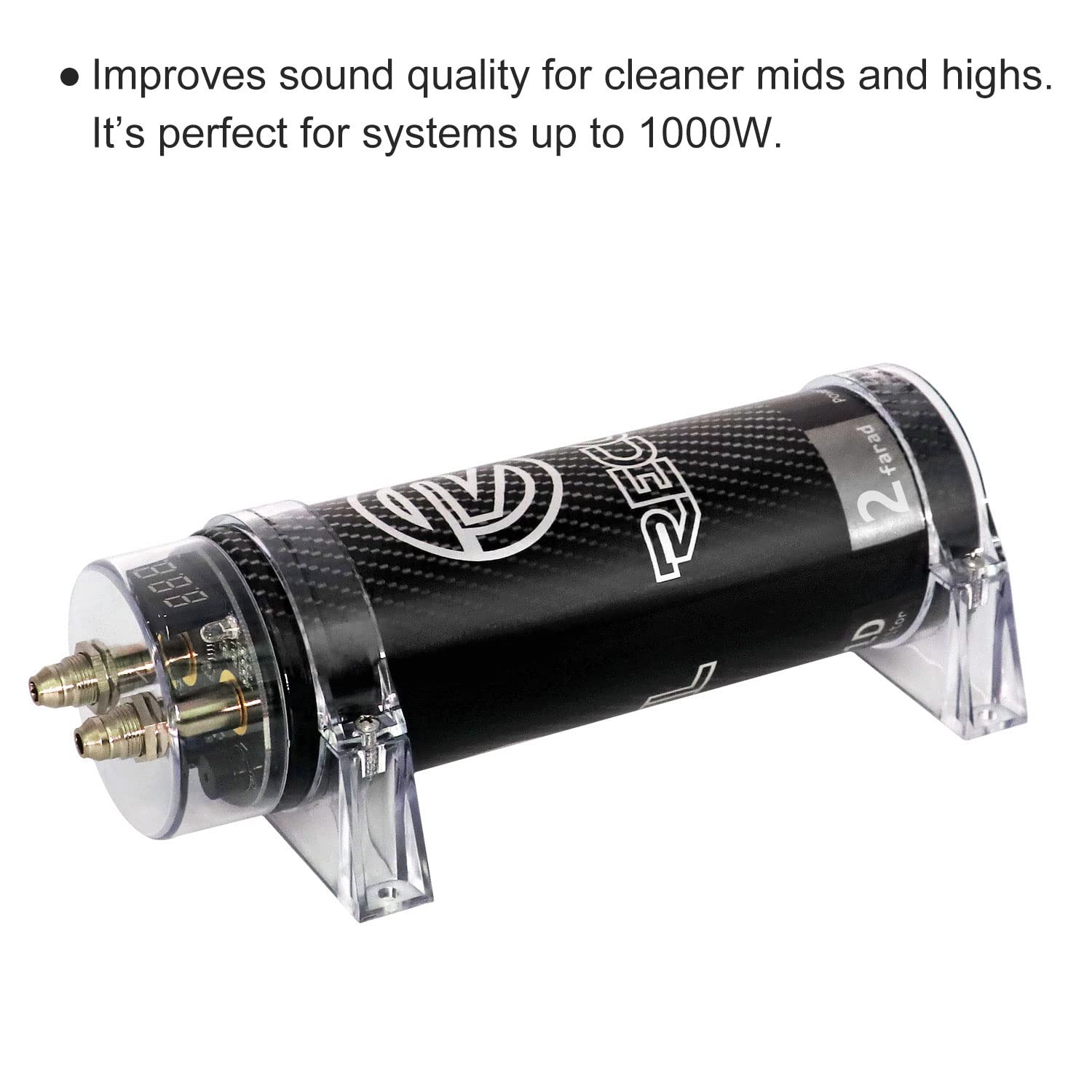 RECOIL R2D Condensador de 2.0 Faradios para Amplificador de Coche – Voltímetro Digital Azul, Almacenamiento de Energía para Sistemas de hasta 1200W