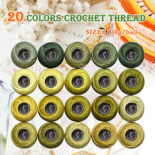Image of Soft 20 Colors Classic Crochet Thread 20 Pack,100% Cotton (Khaki Green-522-370)