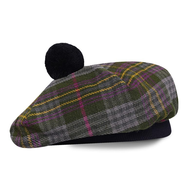 Image of Scottish Tam O' Shanter Hat Tartan Bonnet Pom Pom Wool Flat Cap One Size
