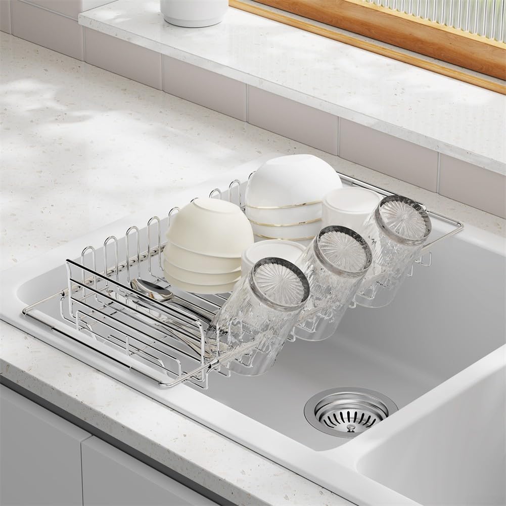 Égouttoir à vaisselle extensible en acier inoxydable avec porte-gobelets pour la cuisine, résistant à la rouille et économise de l'espace pour les petites cuisines et appartements