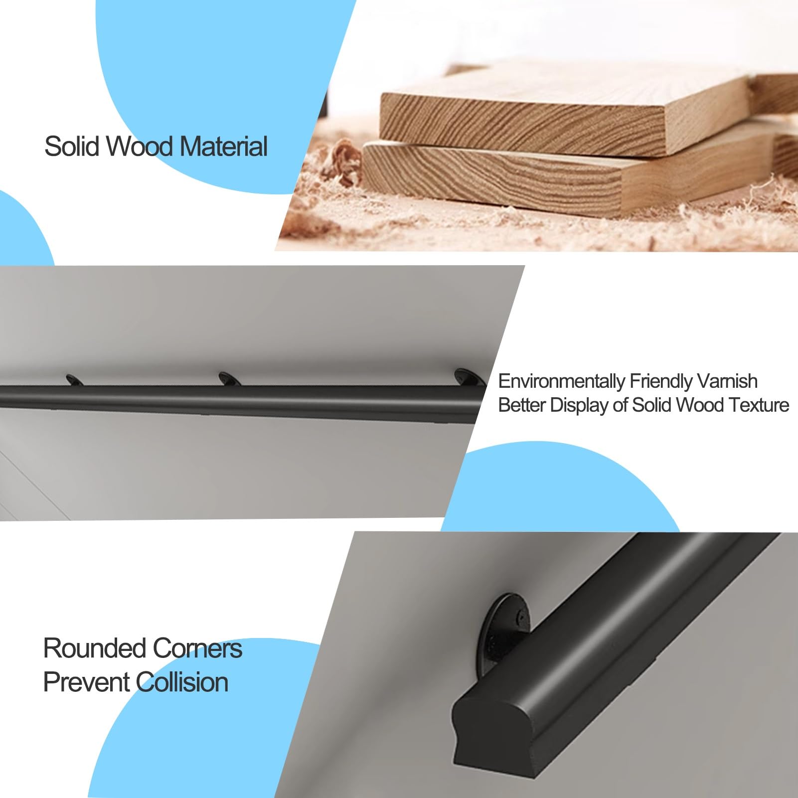 Corrimano in Legno per Scale 80 cm 1 m 120 cm 1,5 m Nero Decorazione Moderna Antiscivolo Robusto Supporto di Sicurezza Maniglia(30cm)
