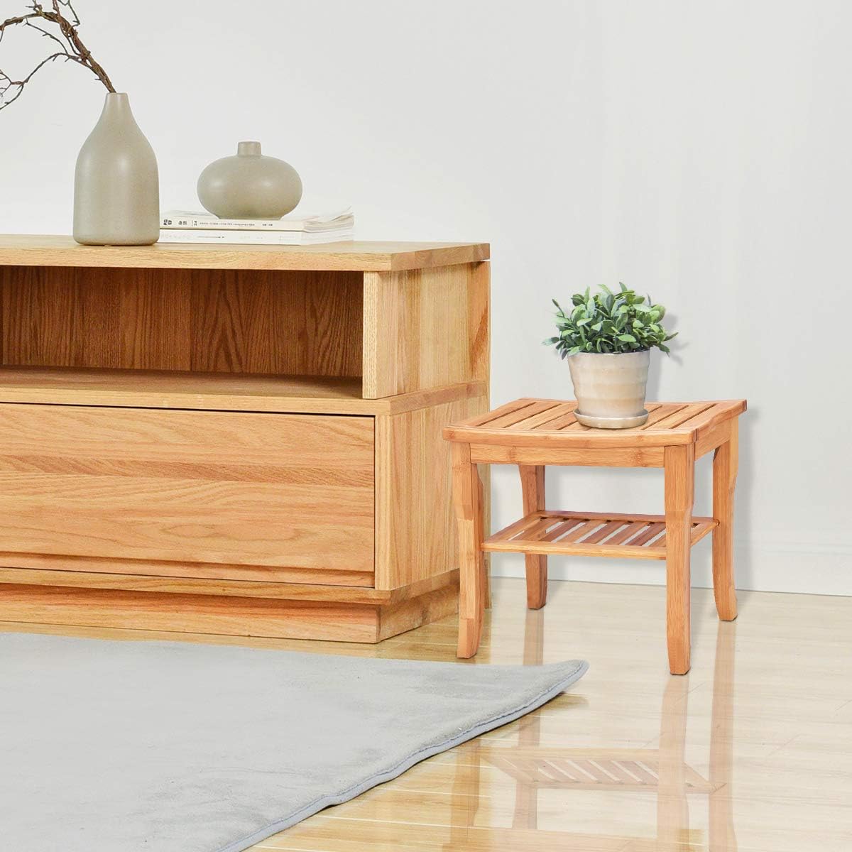 Giantex Bamboo Shower Bench Seat with Storage Shelf, Shower Spa Chair Seat Bench Organizer Stool for Indoor or Outdoor