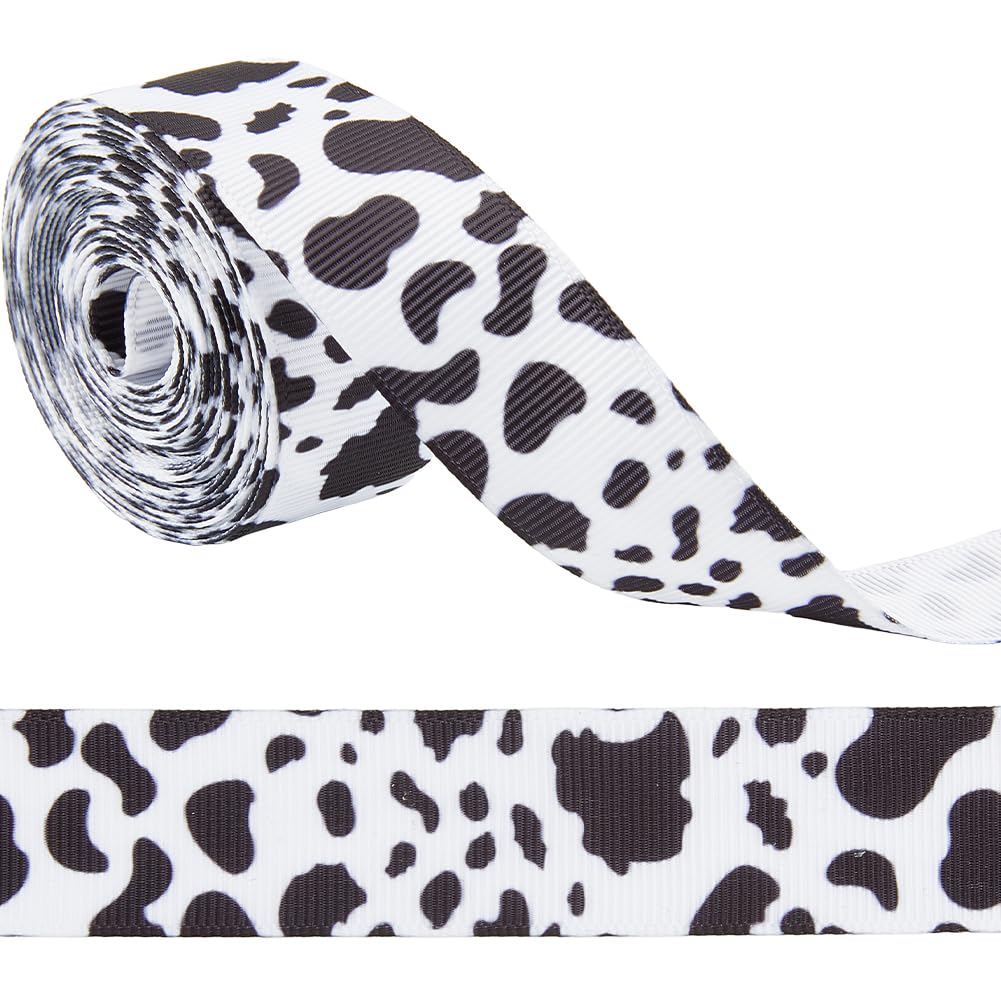CABODYALS 5.47 Yards 22mm Wide Cow Print Ribbon Black White Spot Pattern Fabric Farm Cute Animal Themed Vintage Grosgrain Polyester Ribbons for Gift Wrapping Bows Floral Wedding Party Decor Diy Crafts