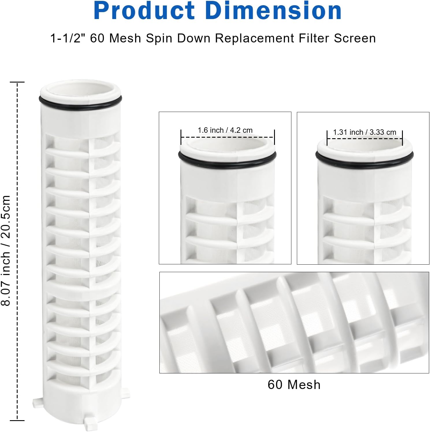 1-1/2" 60 Mesh Spin Down Sediment Replacement Water Filter Screen, Spin Down 60 Sediment Filter Replacement for Rusco Vu Flow filter for Well Pump and Sprinkler Irrigation Filter System