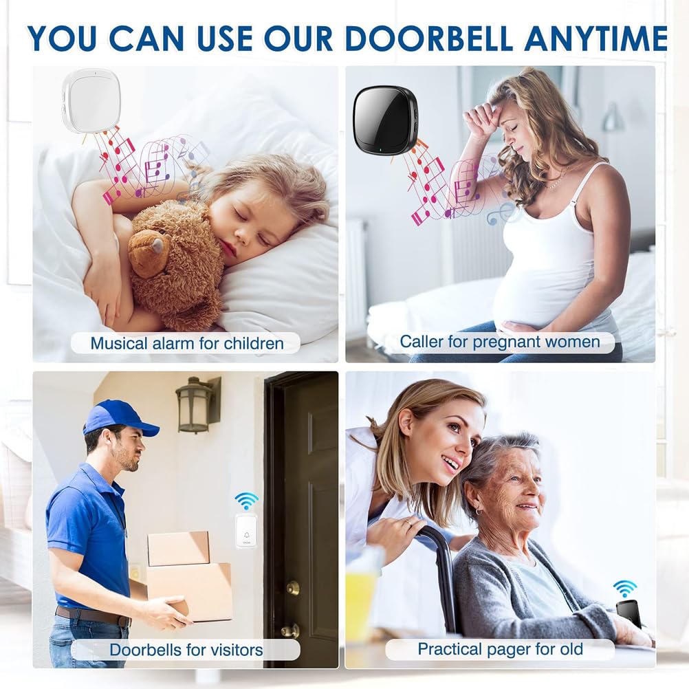 Timbre Inalámbrico para Puerta, Timbre Impermeable 3 Transmisor y 2 receptores con LED Flash Volumen Ajustable 60 Melodías 150M Rango,Blanca