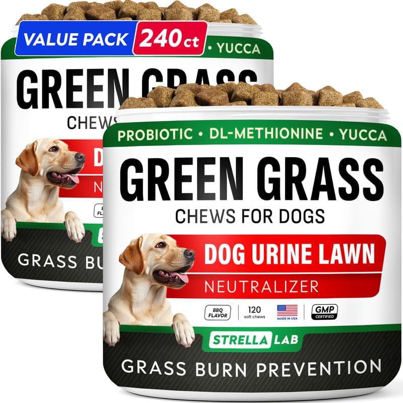 STRELLALAB Dog Pee Grass Chews - Urine Neutralizer for Green Grass Burn Spots - Grass Treatment for Pet Urine - Green Lawn Chews for Dogs with Probiotics - Made in USA (240Ct)