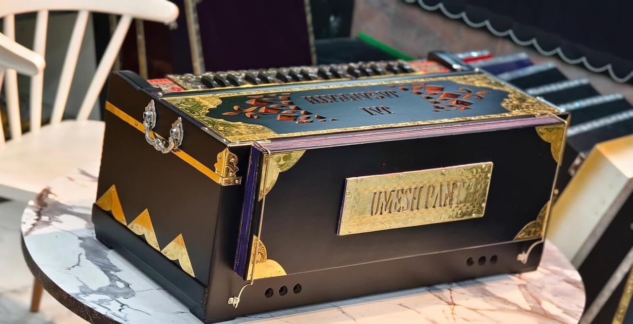 NamasteHimalayas Limited 4- Reed 13-Scale Professional Scale Changer Harmonium – Black Customised Edition with Premium Golden Brass Finish Best for Kirtan, Bhajan, Meditation, Sound Healing Therapy