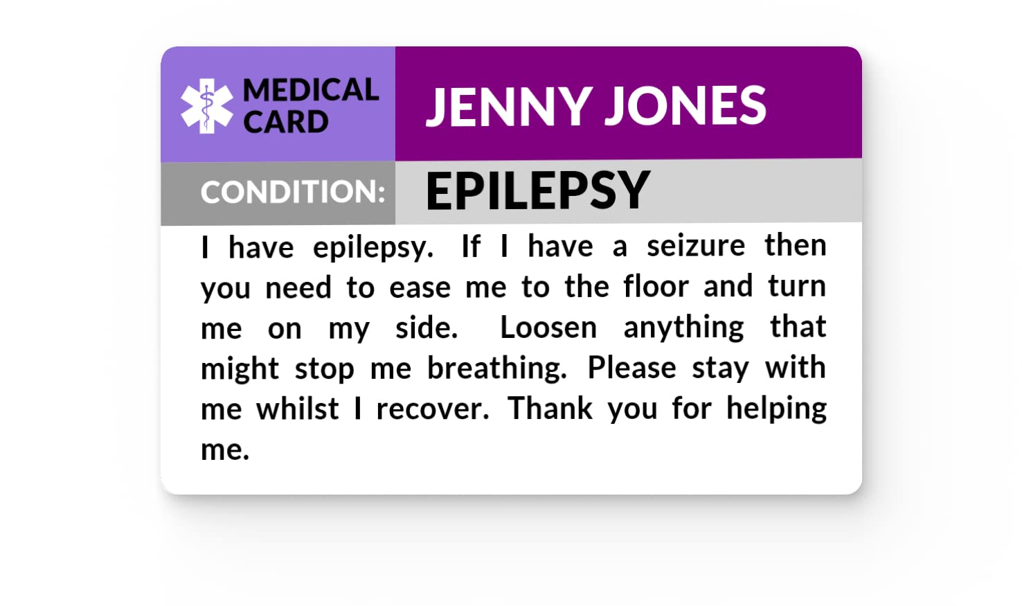 The Card Project UK Epilepsy Awareness Medical ID Alert Card, Seizure Badge, 86mm by 54mm