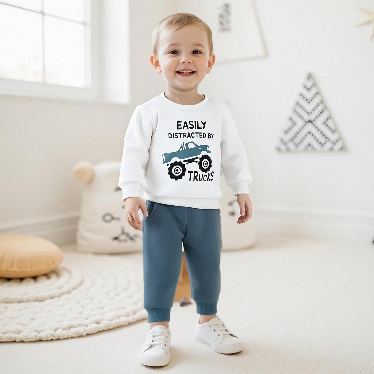 WZTYYDS Toddler Baby Boy Fall Clothes Letter Truck Long Sleeve Pullover Sweatshirt Tops Joggers Pants Set Winter Outfits - Image 2