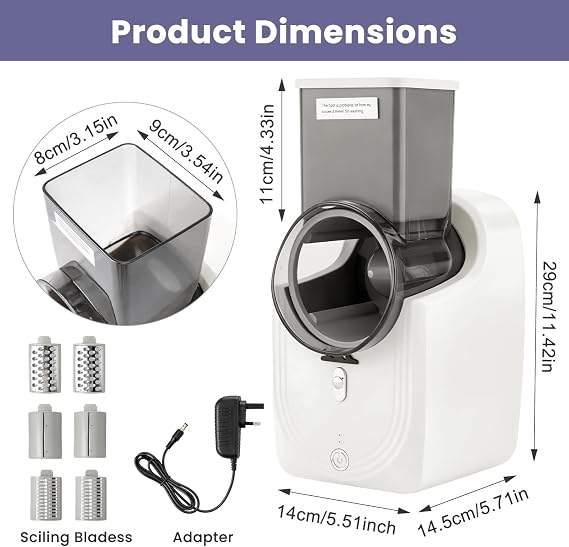 Electric Cheese Grater Automatic Rotary Vegetable & Fruit Slicer with 3 Interchangeable Blades Multi Grater Shredder for Cheese Carrot Cucumber Potato Home Kitchen Food Processor White