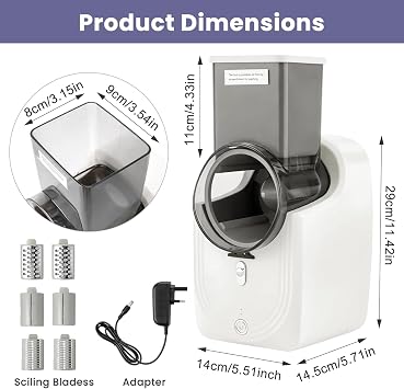 Electric Cheese Grater Automatic Rotary Vegetable & Fruit Slicer with 3 Interchangeable Blades Multi Grater Shredder for Cheese Carrot Cucumber Potato Home Kitchen Food Processor White