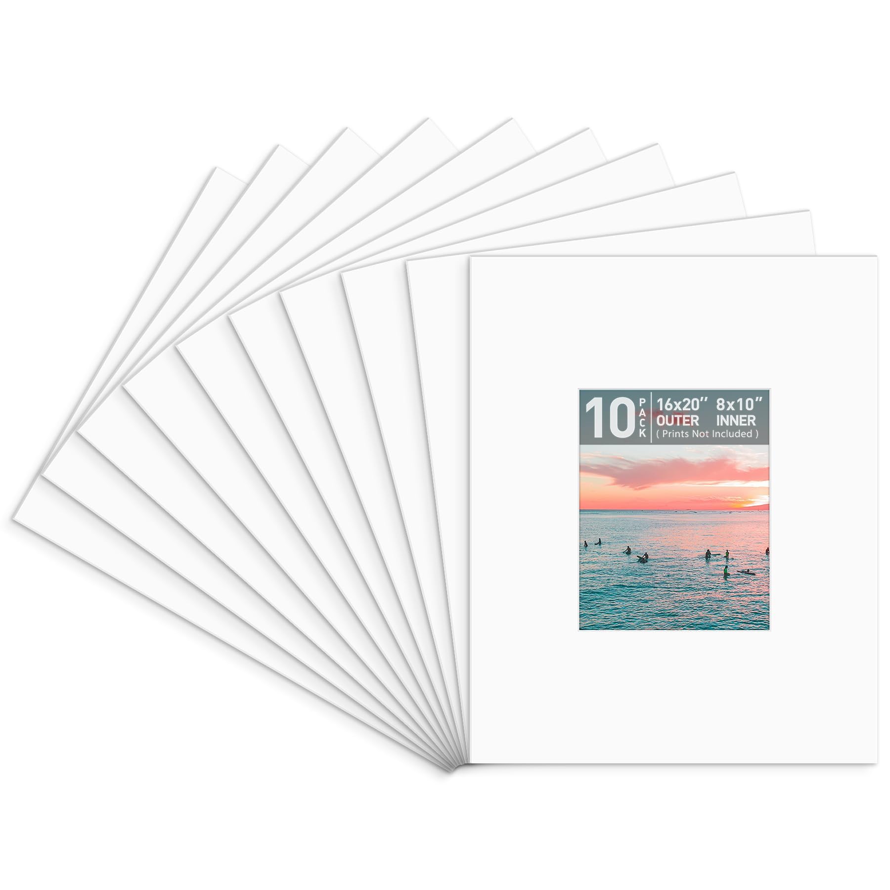 Golden State Art, Pack of 10, Pre-Cut 16x20 Picture Mats Bevel Edge 7.5x9.5 Opening for 8x10 Photos, White