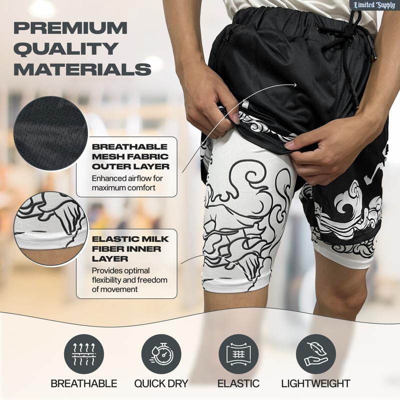 CROWN Anime Shorts - Breathable Mesh Stretch Compression Gym Short with Pockets and Towel Holder (L-BlackLuffy)4