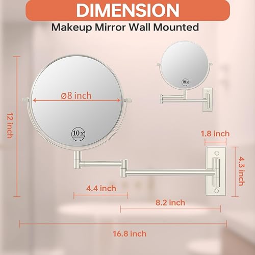 Miniatura 2 de Erlingeryi Espejo de maquillaje montado en la pared de 8 pulgadas, 1X10x, espejo de aumento de doble cara, espejo de maquillaje para baño, acabado