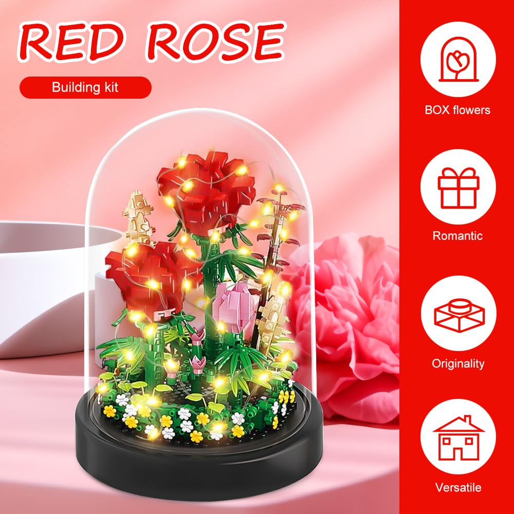 Dhqkqg Mini Rose Flower Bouquet Building Sets, Flower Bouquet Building Kit with LED Lighting, Rose Sets with Dust-Proof Dome - Image 3