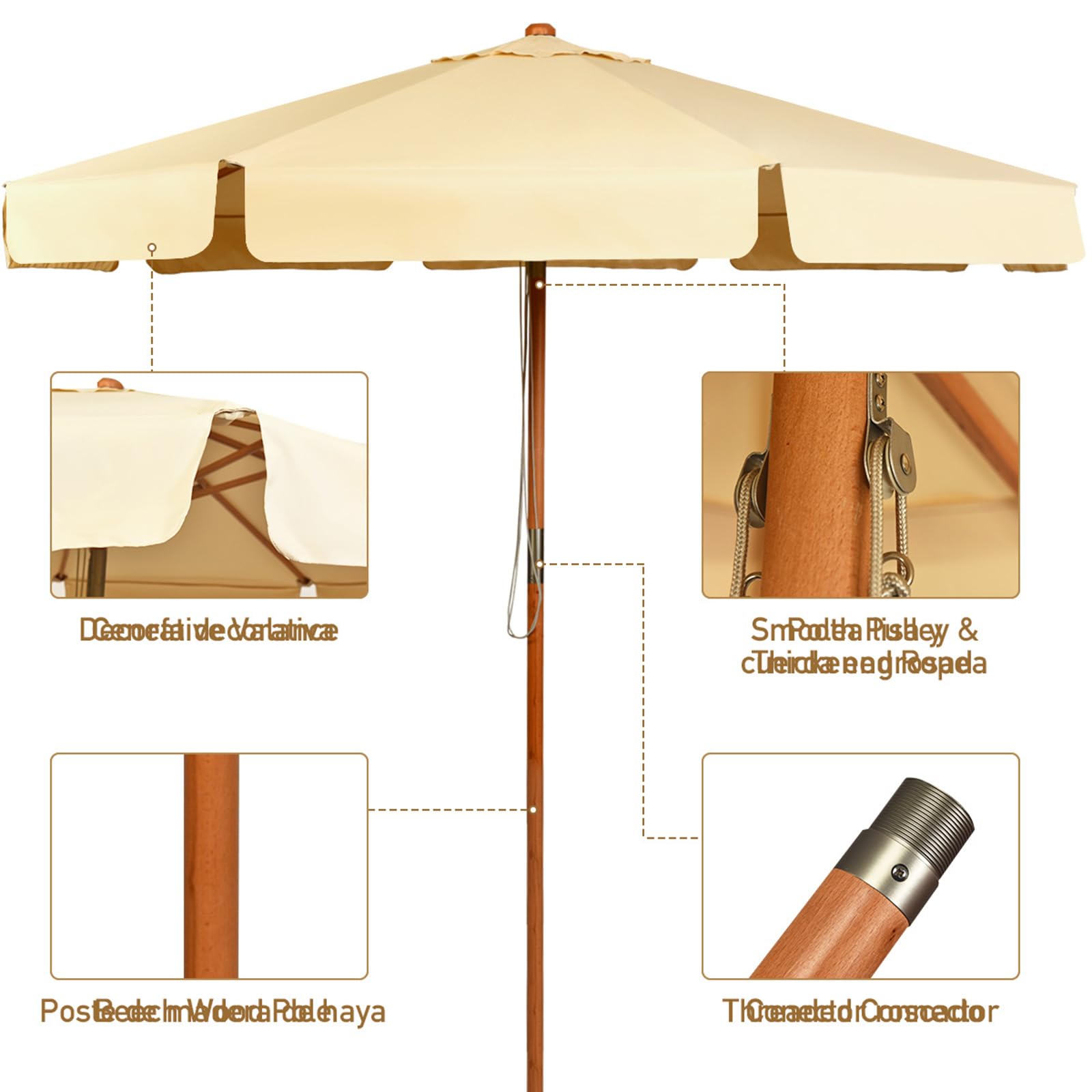 COSTWAY Sombrilla de Ø300cm de Madera Parasol de Jardín Inclinable Sombrilla de Manivela para Playa Jardín Piscina Terraza