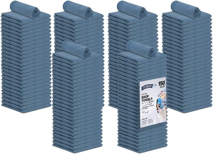 Clinzee Cotton Blue Shop Towels, New & Unused Cleaning Rags Pack of 150-11x12 Inches Highly Absorbent Shop Rags Reusable Terry Cloth Rags