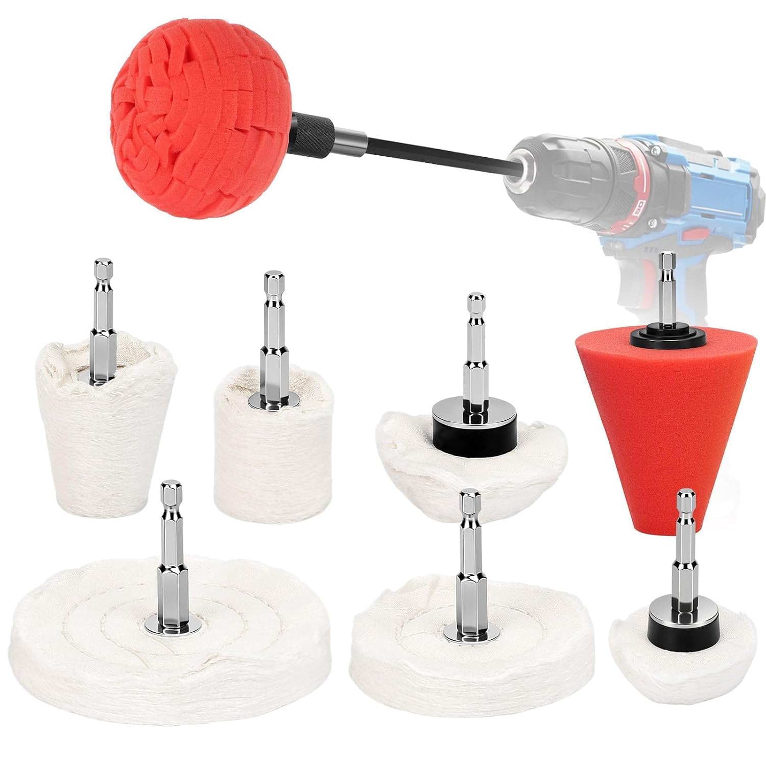 Linkstyle 9PCS Polishing Wheel Kit for Drill, Cotton Buffing Wheel Set, Sponge Polishing Ball & Cone, with 1/4 Inch Hex Extension Rod, for Auto Car Detailing Aluminum Stainless Steel Chrome Surface