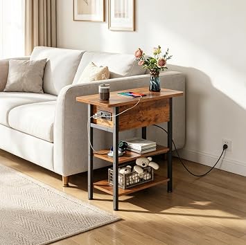 WLIVE 3-Tier End Table with Charging Station Flip Top Narrow Nightstand