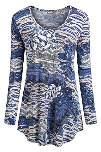 Tencole Ladies Printed Tops, Fashion Indian Style Tunic Shirts Western Chic Style Plus Size Shirt Long Sleeve A-line Hem Blouse for Work O Neck Flattering Basic Party Tops for Women Blue Apricot 2XL