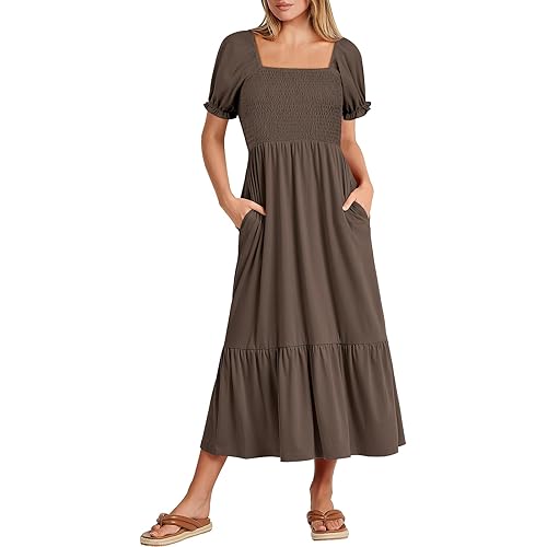 ANRABESS Women Square Neck Puff Short Sleeve Smocked Summer Casual Flowy A-Line Maxi Beach Dresses