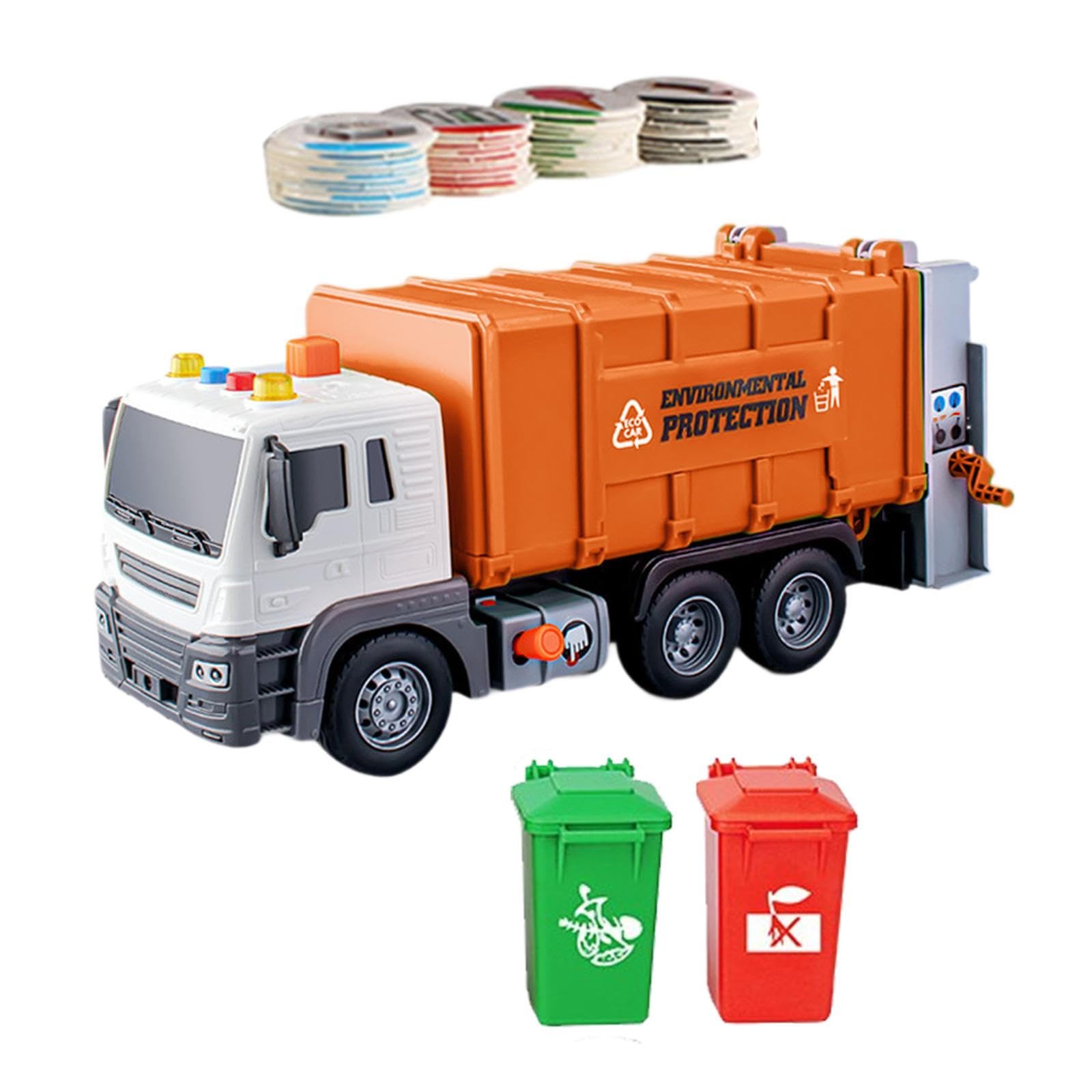 Camion della Spazzatura Giocattolo con Funzione di Ribaltamento, Accessori per La Raccolta Differenziata, Luci E Suoni – Adatto Ad attività Sensoriali, Arancia