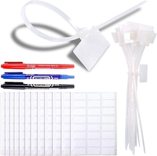 200-Pieces 6 Inch Nylon Cable Marker Ties Self-Locking Cord Tags Write on Ethernet Label Wire Straps with 3 Marker Pens and 288Pcs White Self-Adhesive Cable Labels for Home and Office Use