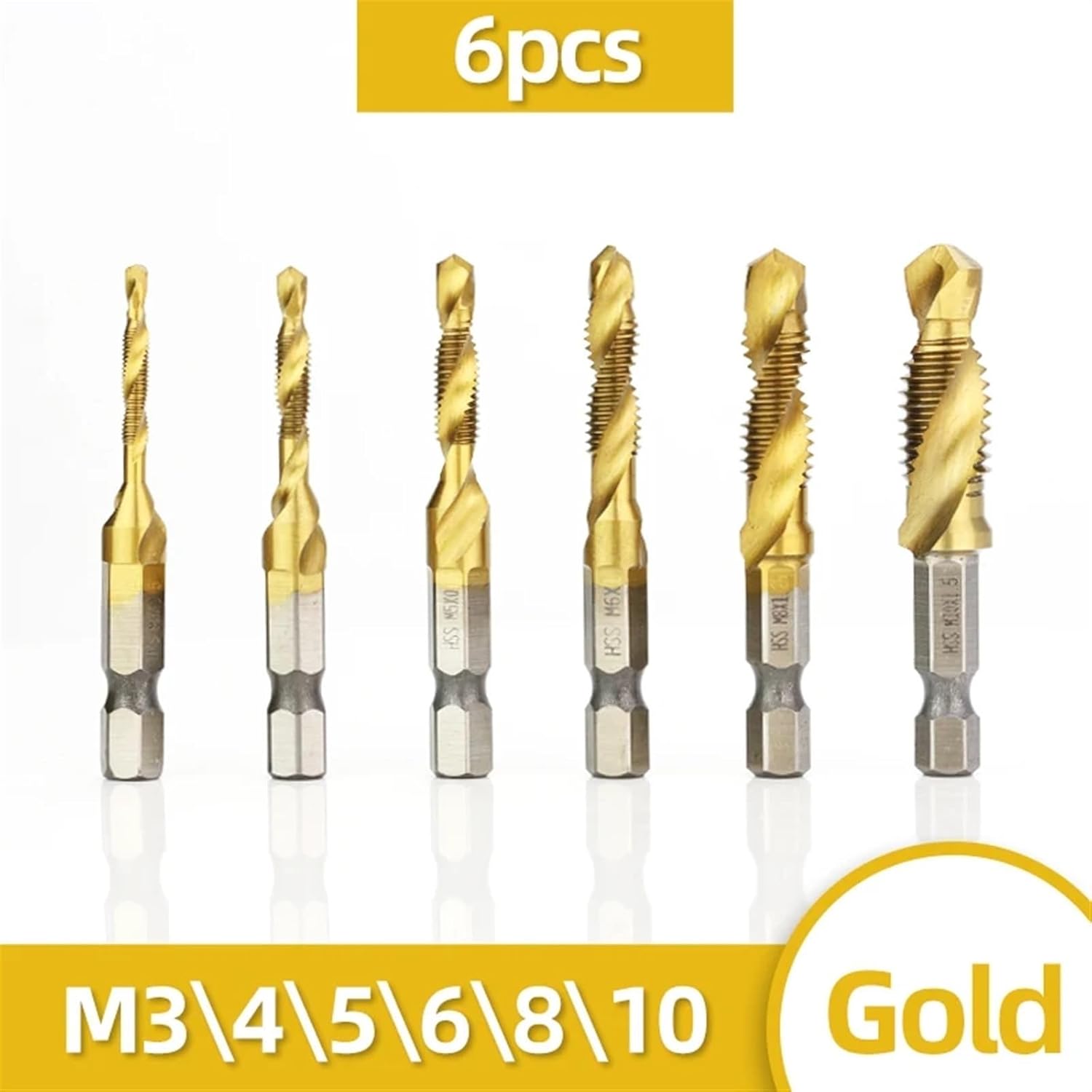 Hss Titanium Plated Tap Drill Bit Countersink Deburr Set High Speed Compound Screw Thread Bits Hand Tools 6pcs M3-M10 (Size : 6Pcs Gold Set)