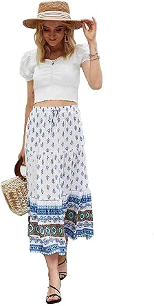 Womens Bohemian Floral Print Elastic Waist Pleated A-Line Flowy Midi Casual Skirts Streetwear