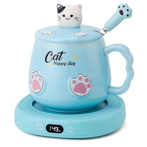 Bsigo Coffee Mug Warmer & Cute Cat Mug Set, Beverage Cup Warmer for Desk Home Office, Coffee Warmer for Cocoa Milk Tea Water, Candle Warmer with Three Temperature Up to 149℉/ 65℃, 8 Hour Auto Shut Off - Blue